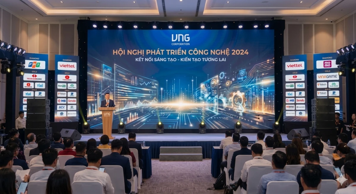 Background hội nghị chuyên nghiệp tích hợp màn hình LED trình chiếu logo các đơn vị tài trợ.