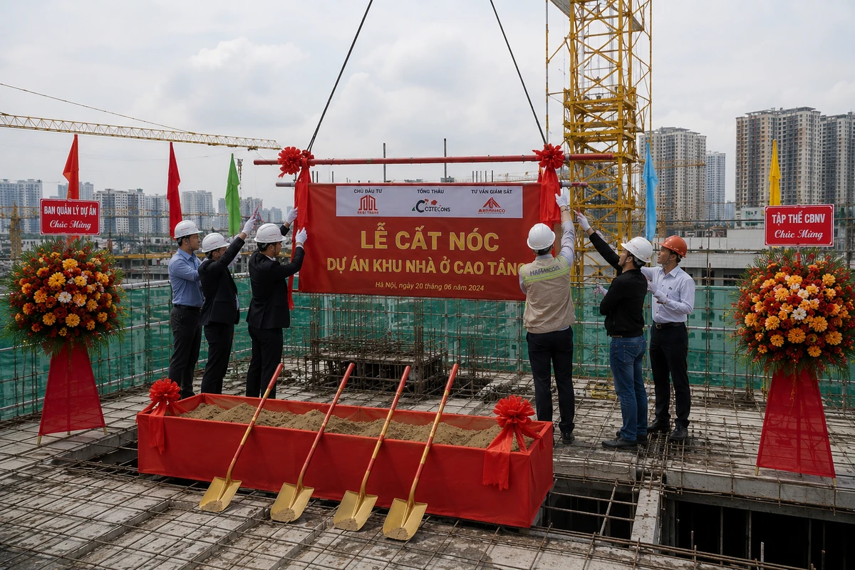 Nghi thức gác đòn dông được thực hiện trang trọng tại lễ cất nóc công trình nhà gỗ truyền thống