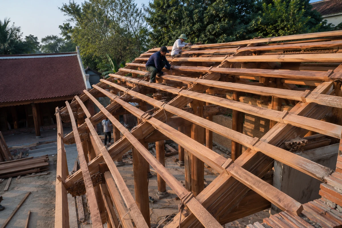 Lễ gác đòn dông thường được tổ chức tại các công trình nhà gỗ truyền thống trong giai đoạn hoàn thiện phần mái
