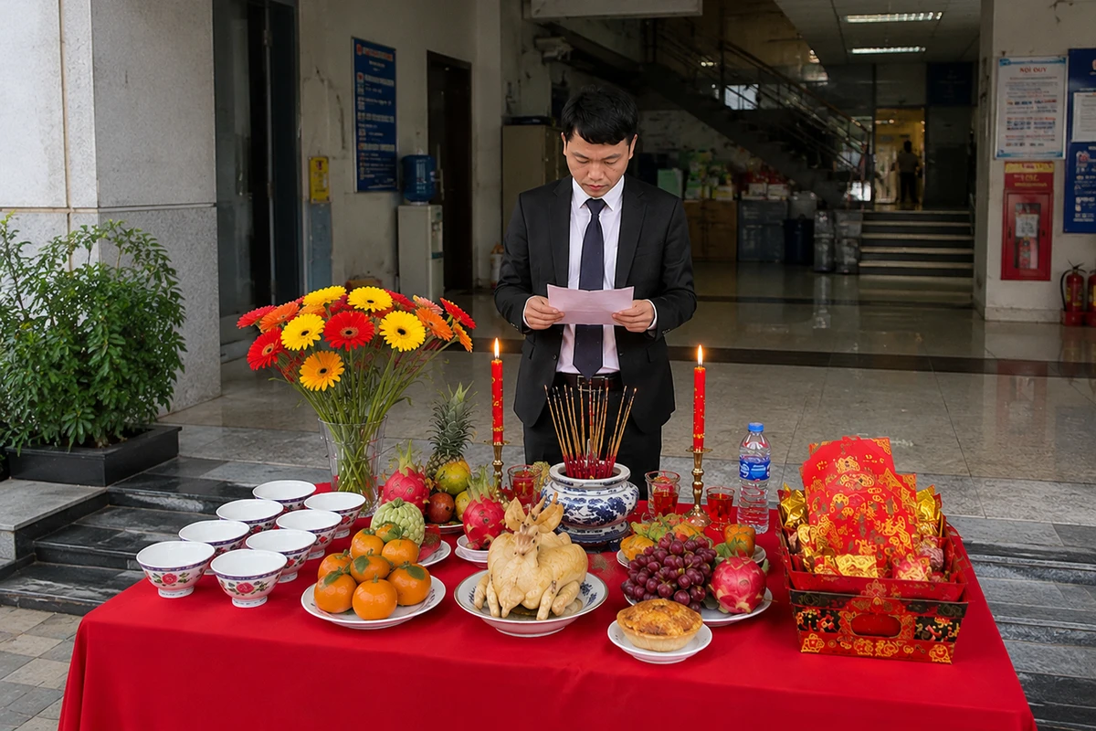 Đại diện ban giám đốc công ty đọc bài cúng tất niên ngắn gọn trang trọng trước mâm cúng tại tiệc cuối năm