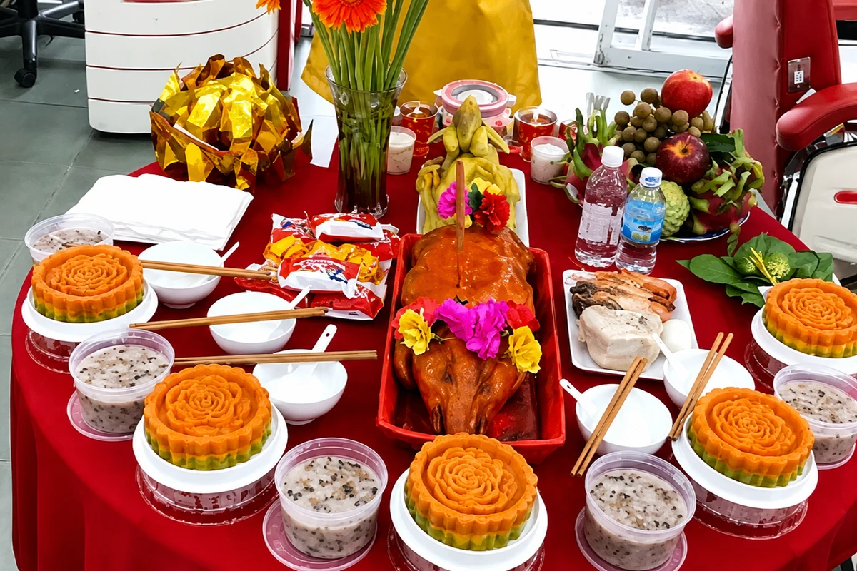 Mâm cúng tất niên với heo quay, xôi và trái cây được doanh nghiệp bày biện trang trọng