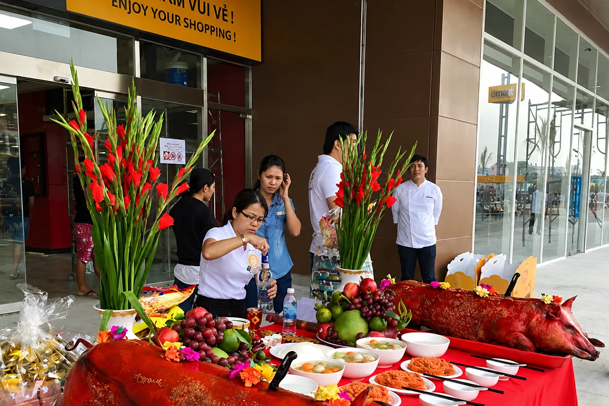Mâm cúng tất niên được chuẩn bị chỉn chu và đầy đủ để phục vụ nghi thức khấn lễ cuối năm tại công ty