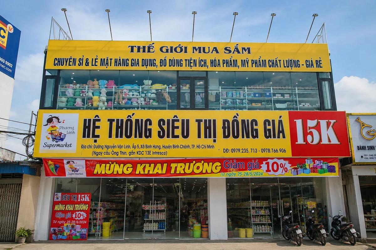 Băng rôn khai trương nổi bật với thông tin ưu đãi và chương trình giảm giá hấp dẫn