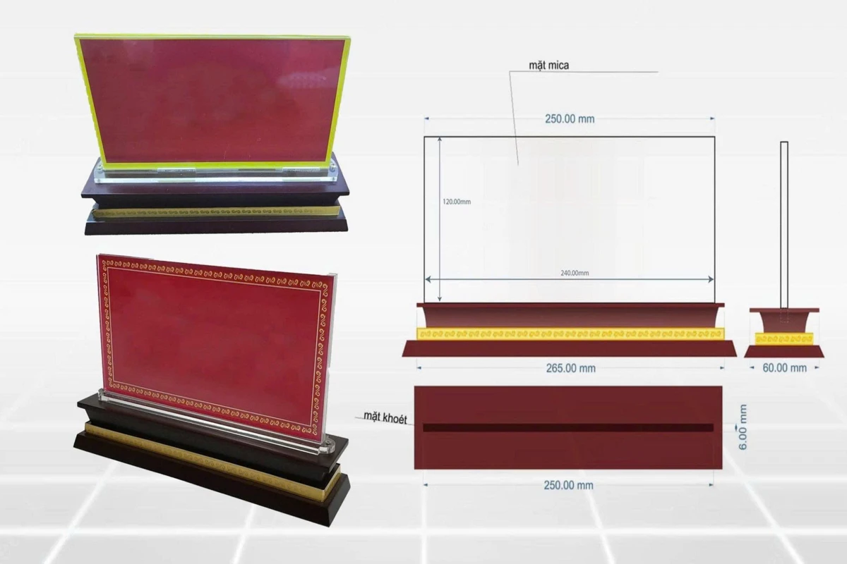 Thiết kế bảng tên đại biểu chất liệu gỗ và mica kèm thông số kích thước chuẩn.