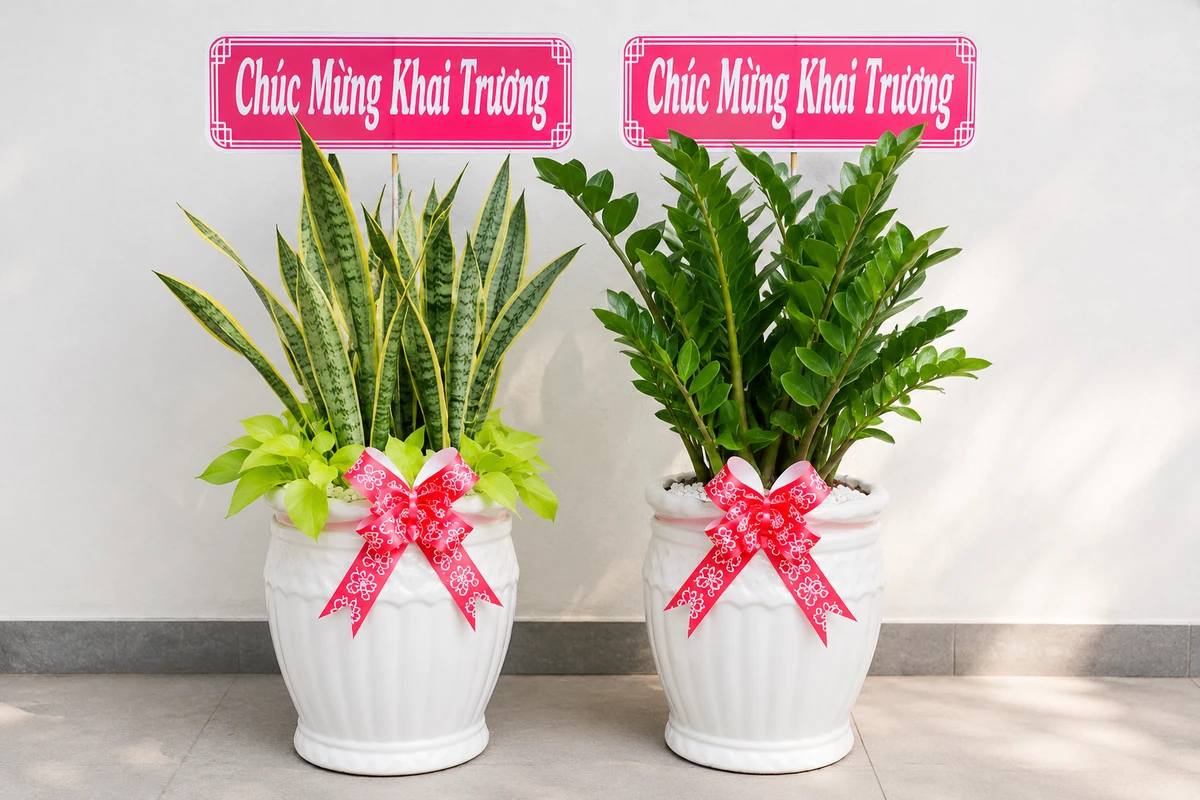 Cây lưỡi hổ và cây kim tiền được đặt trong chậu trắng, trang trí nơ đỏ và bảng chúc mừng khai trương sang trọng