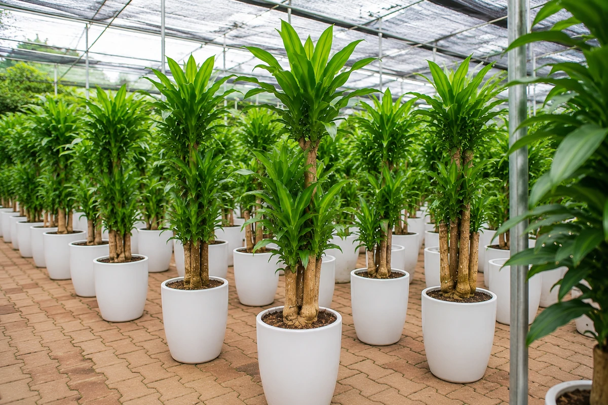 Cây phát tài cỡ lớn được đặt trong chậu trắng tại nhà vườn, có tác dụng trang trí không gian và mang ý nghĩa phong thủy thu hút tài lộc, may mắn