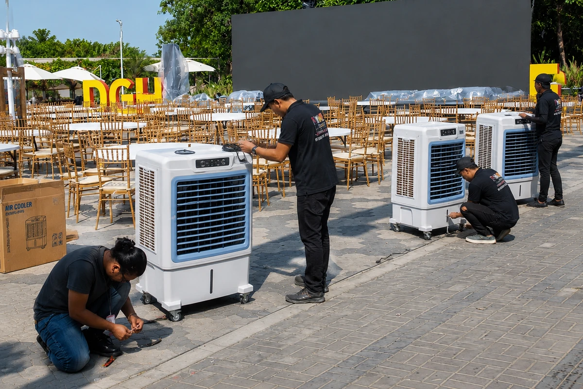 Đội ngũ kỹ thuật đang lắp đặt quạt hơi nước công nghiệp tại sự kiện ngoài trời trong dịch vụ cho thuê quạt hơi nước phục vụ không gian đông người và sân khấu sự kiện