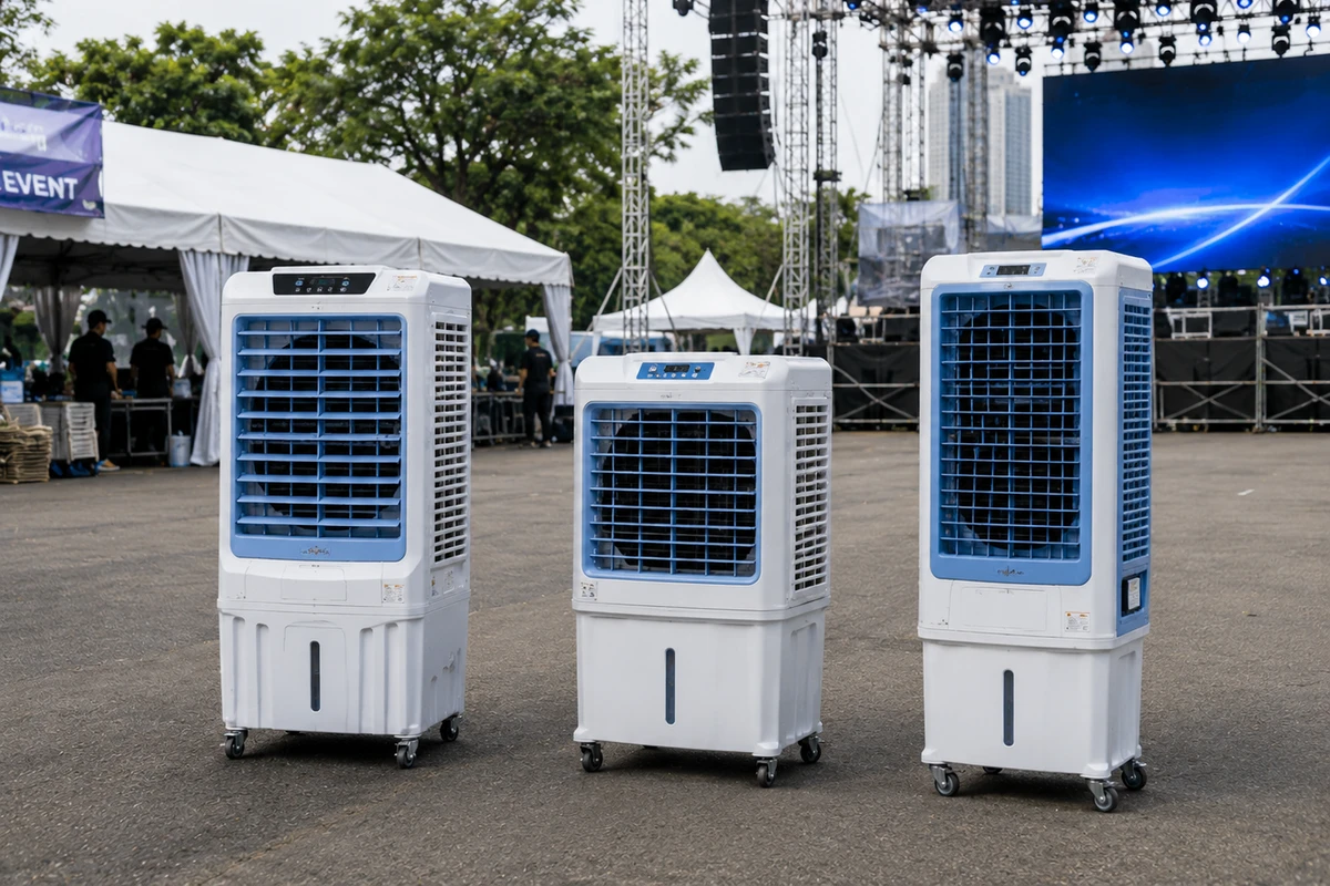 Các loại quạt hơi nước công nghiệp với nhiều kích cỡ khác nhau được sử dụng cho sự kiện sân khấu ngoài trời