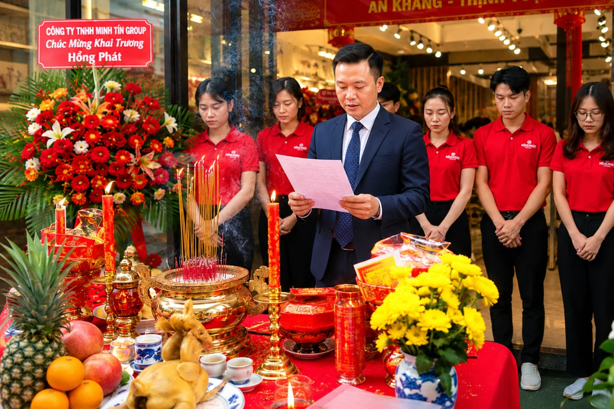 Chủ shop đang đọc văn cúng khai trương cửa hàng trang nghiêm trước mâm lễ với nhân viên đứng phía sau