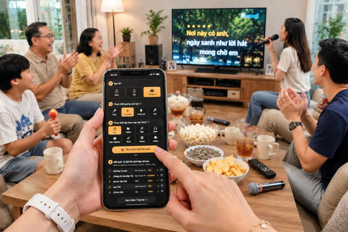 Gia đình quây quần hát karaoke vui vẻ với ứng dụng chọn bài thông minh trên điện thoại.