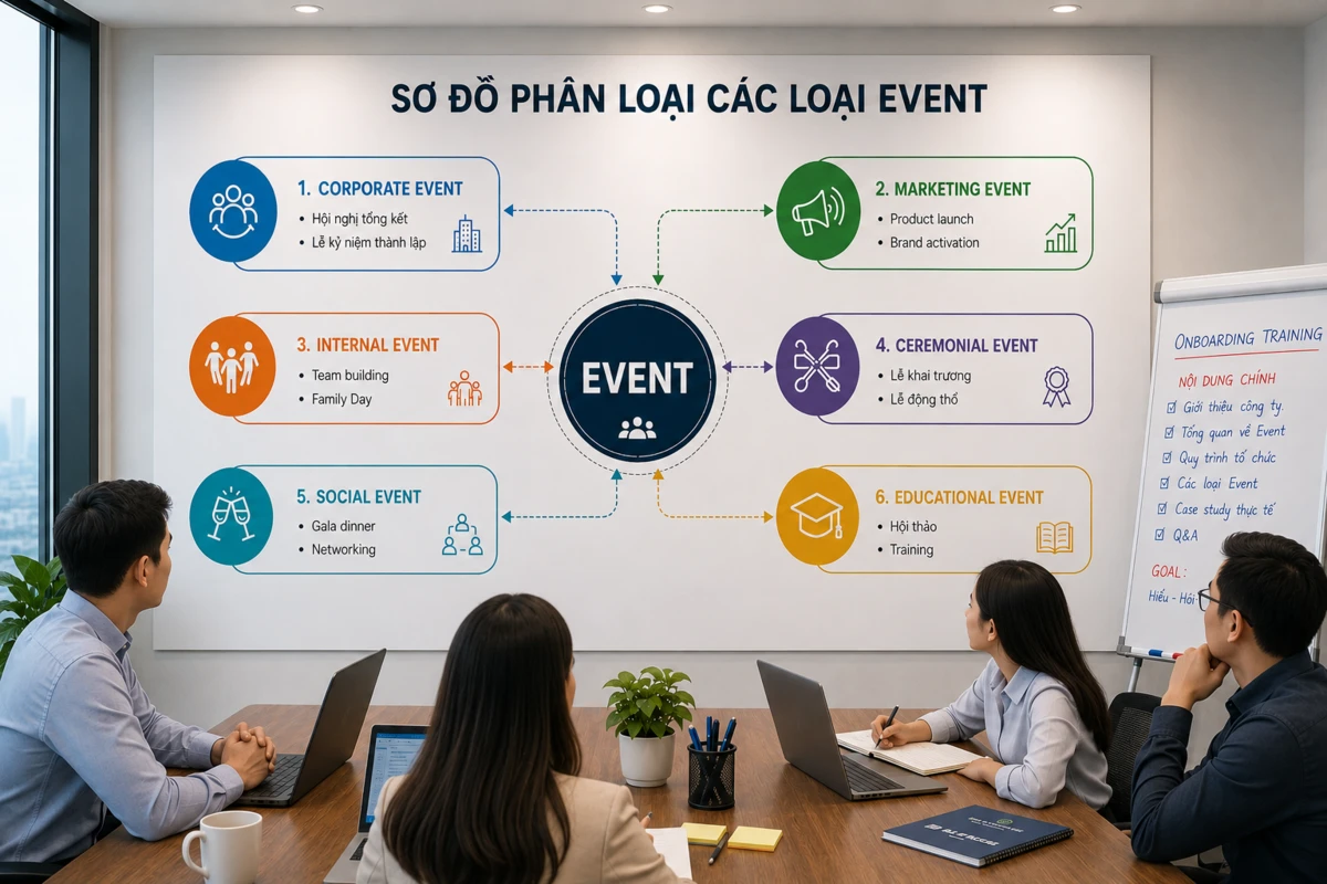 Bảng sơ đồ phân loại các loại event trong buổi họp nội bộ của doanh nghiệp