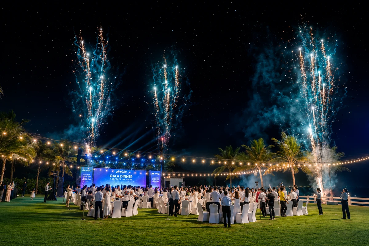 Đêm gala dinner ngoài trời với màn bắn pháo hoa nghệ thuật rực rỡ, không gian sự kiện sang trọng và đông đảo khách tham dự