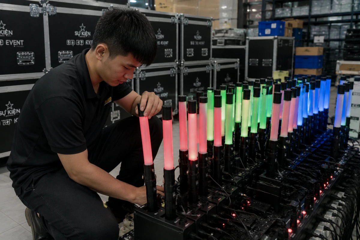 Kỹ thuật viên đang sạc đồng loạt gậy phát sáng LED trong kho thiết bị sự kiện sau chương trình
