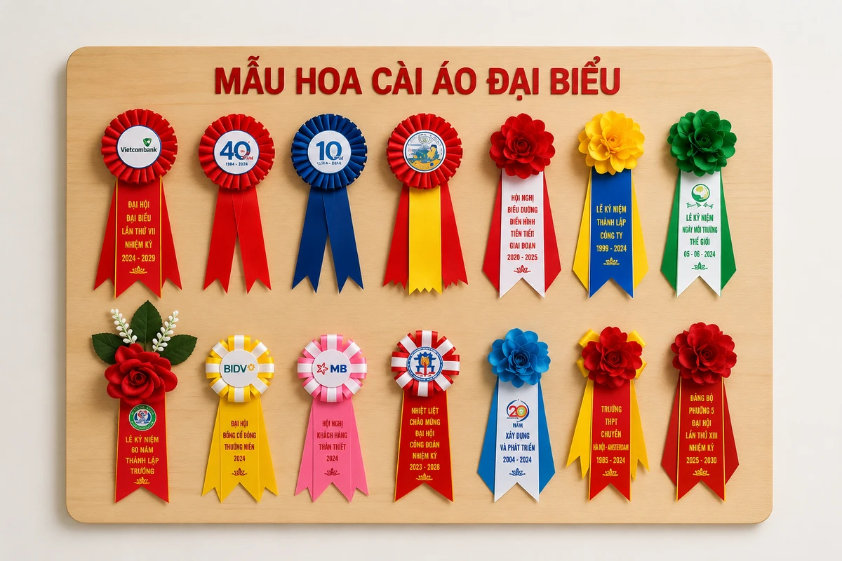Các mẫu hoa cài áo đại biểu phổ biến với nhiều kiểu dáng và màu sắc, thường được sử dụng trong các sự kiện trang trọng và hội nghị