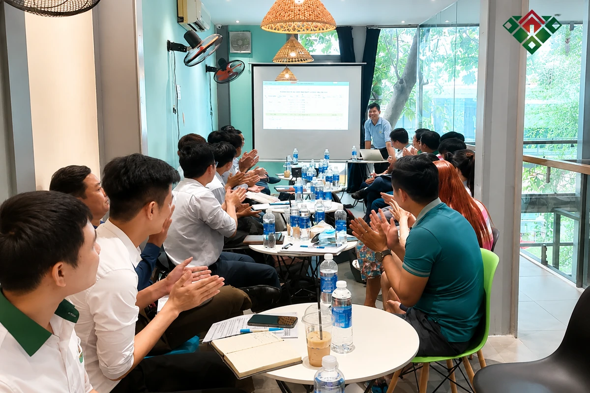 Đội ngũ tổ chức tham gia buổi họp tổng kết sau sự kiện thành công, đánh giá kết quả và đề xuất cải tiến cho các chương trình tiếp theo