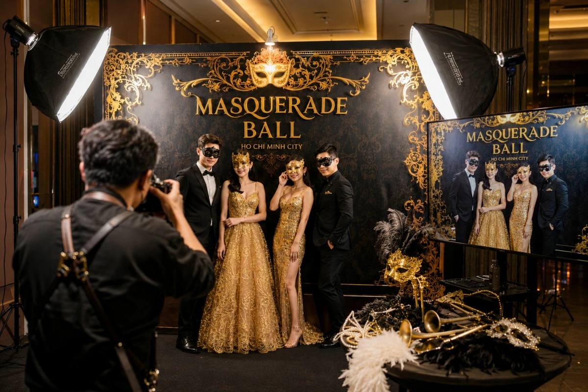 Khách mời mặc trang phục dạ hội lộng lẫy check in trước bạt backdrop đen gold của lễ hội hóa trang masquerade.
