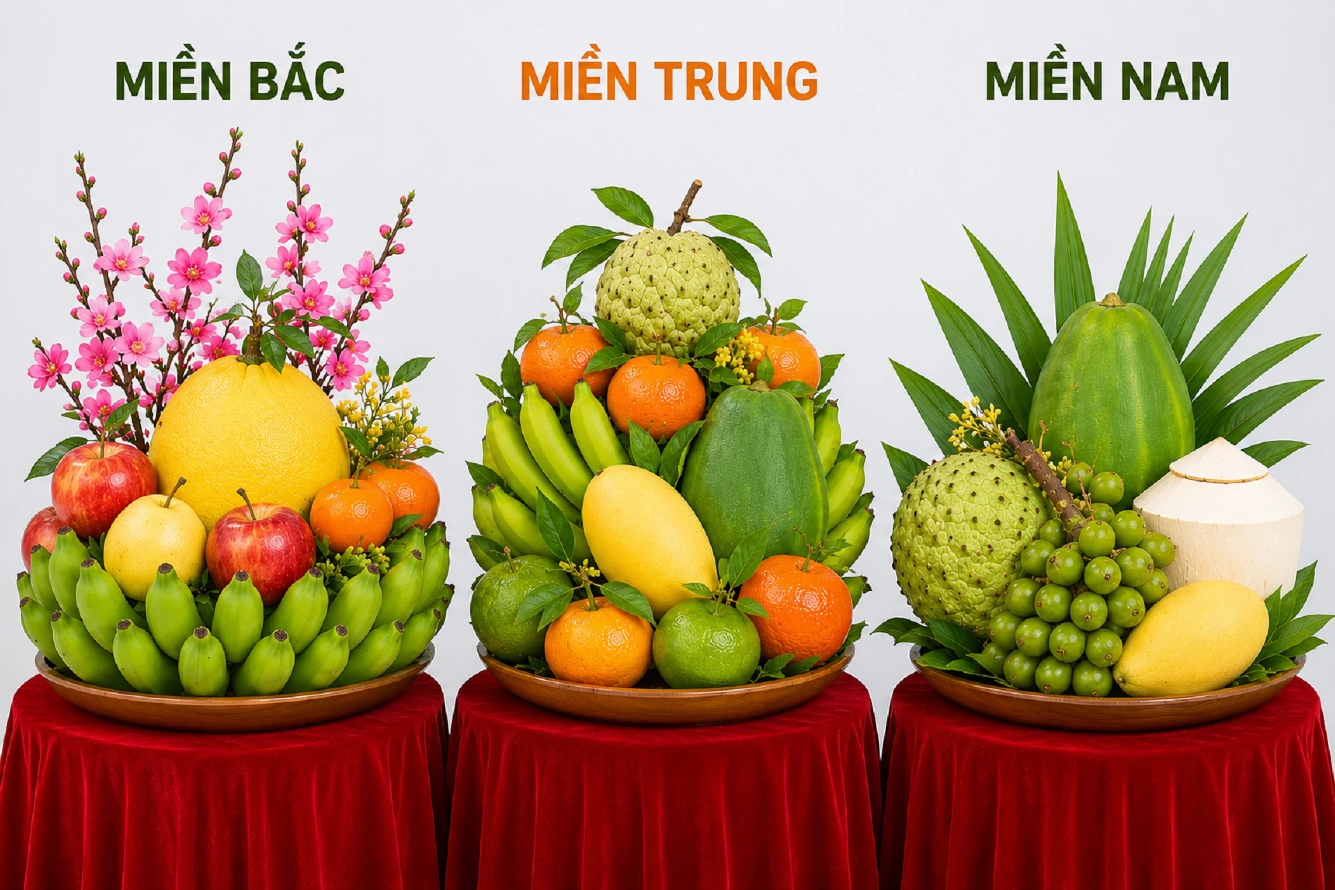 Mâm ngũ quả cúng khai trương theo phong tục miền Bắc, miền Trung và miền Nam