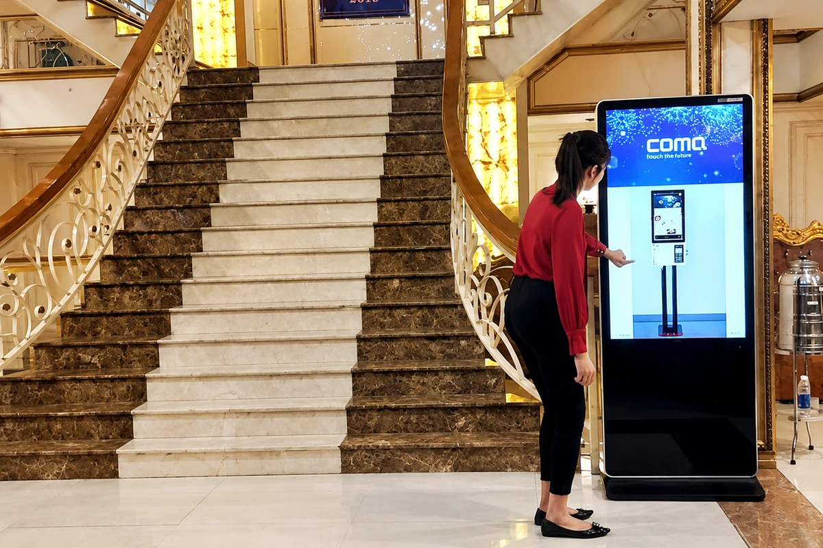 Màn hình quảng cáo LCD dạng Standee điện tử đặt phía dưới sân khấu hội nghị hiển thị thông tin và hình ảnh sự kiện trong không gian sang trọng