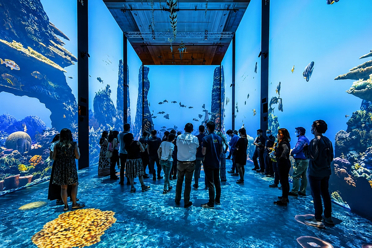 Khu vực trình chiếu projection mapping tại các sự kiện nghệ thuật thu hút đông đảo khách tham quan và check-in trải nghiệm
