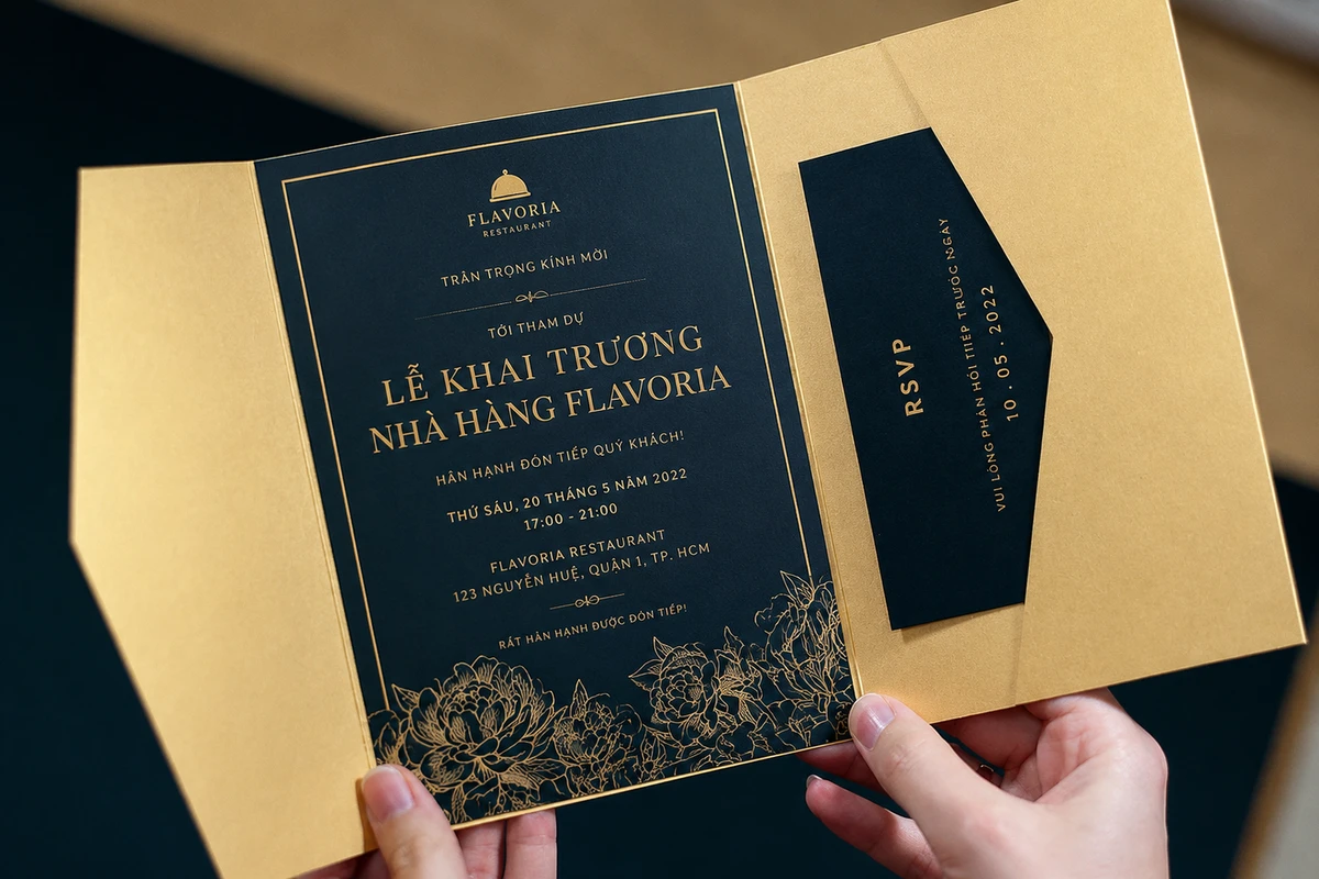 Giấy mời lễ khai trương được in trên chất liệu cao cấp với thiết kế sang trọng, phù hợp cho sự kiện khai trương doanh nghiệp và cửa hàng