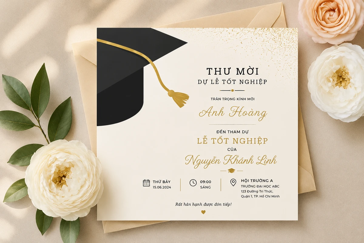 Thiệp mời dự lễ tốt nghiệp được thiết kế đơn giản, sang trọng với bố cục tinh tế và tông màu thanh lịch