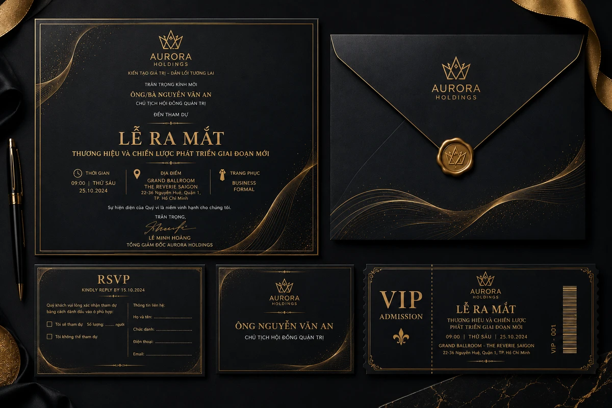 Bộ thư mời sự kiện gồm thư mời, phong bì và thẻ name card được thiết kế đồng bộ sang trọng, phù hợp cho các sự kiện doanh nghiệp quy mô lớn