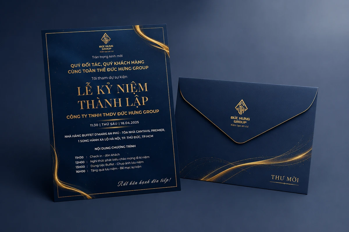 Mẫu thư mời dự lễ kỷ niệm thành lập doanh nghiệp được in trên giấy mỹ thuật cao cấp với hoa văn vàng và phong bì sang trọng