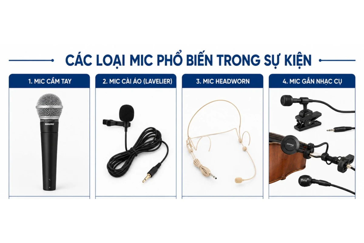 Tổng hợp các loại mic phổ biến trong sự kiện để hiểu rõ mic là gì.