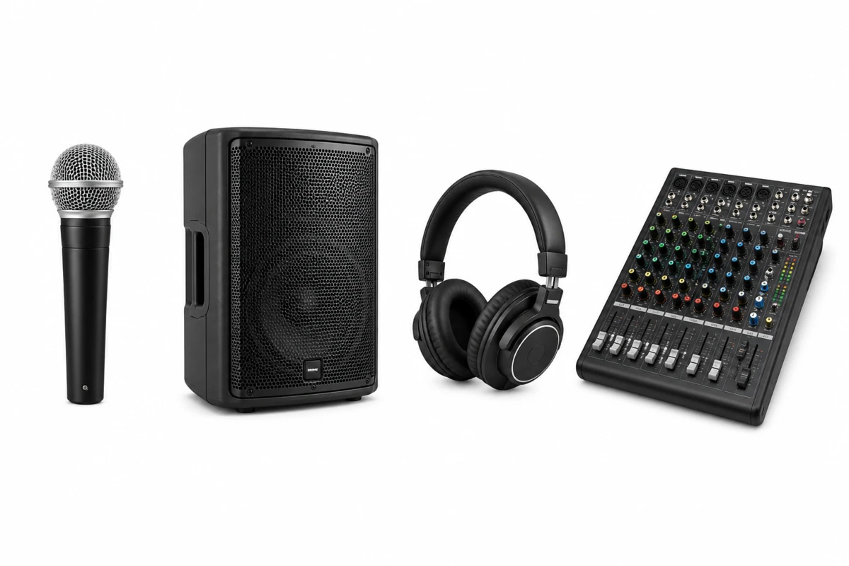 Phân biệt các thiết bị âm thanh sự kiện cơ bản gồm mic, loa, tai nghe và bàn mixer.