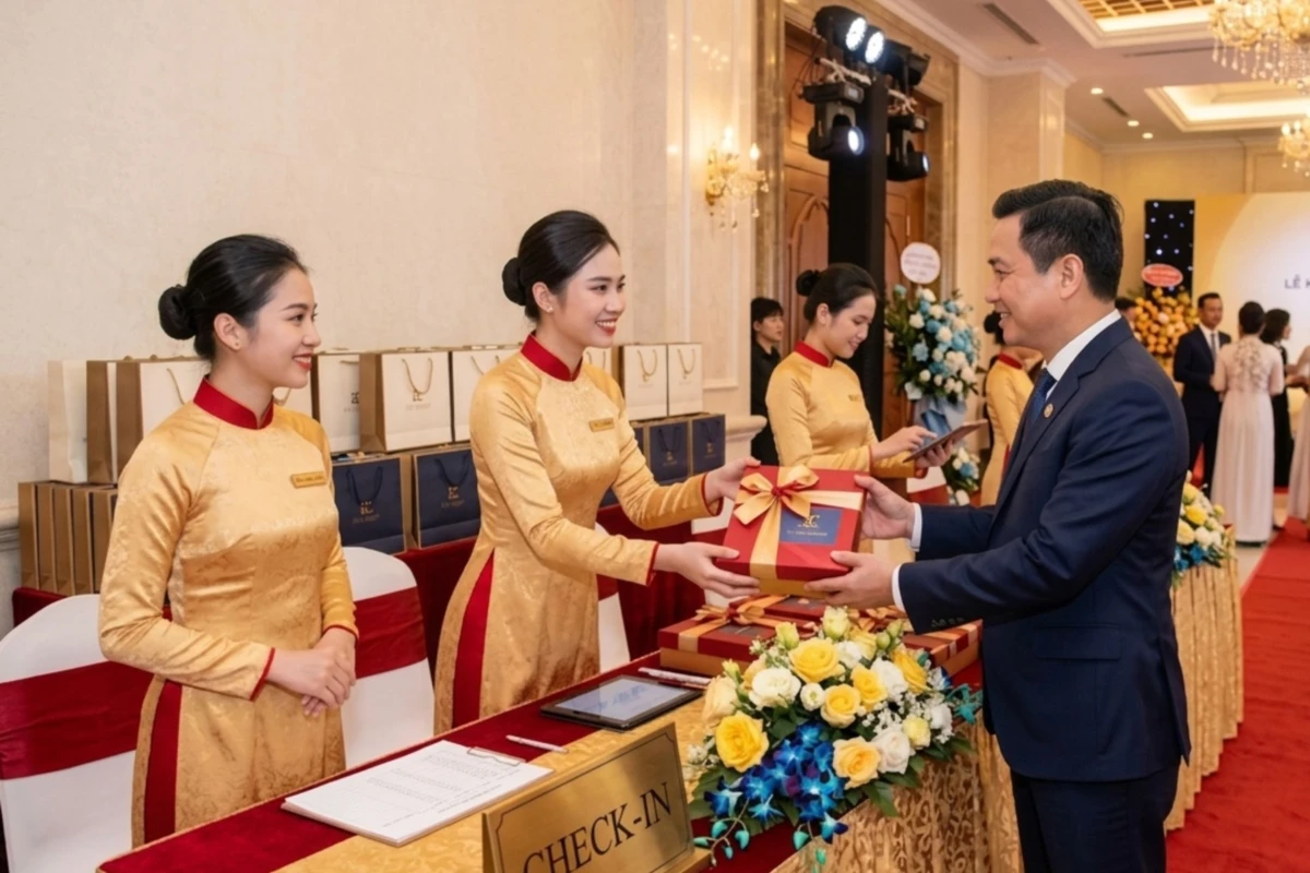 Lễ tân phát quà khai trương cho khách tại bàn check-in trang trọng