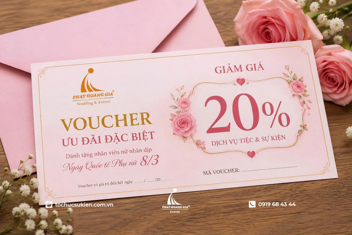 Voucher ưu đãi đặc biệt dành cho nhân viên nữ trong chương trình chào mừng Ngày Quốc tế Phụ nữ 8/3 do doanh nghiệp tổ chức