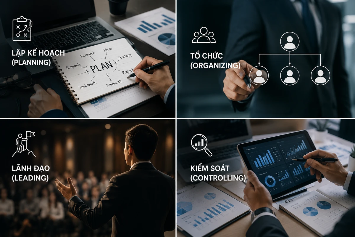 Sơ đồ bốn chức năng quản trị POLC áp dụng vào quản trị sự kiện với các hoạt động chi tiết