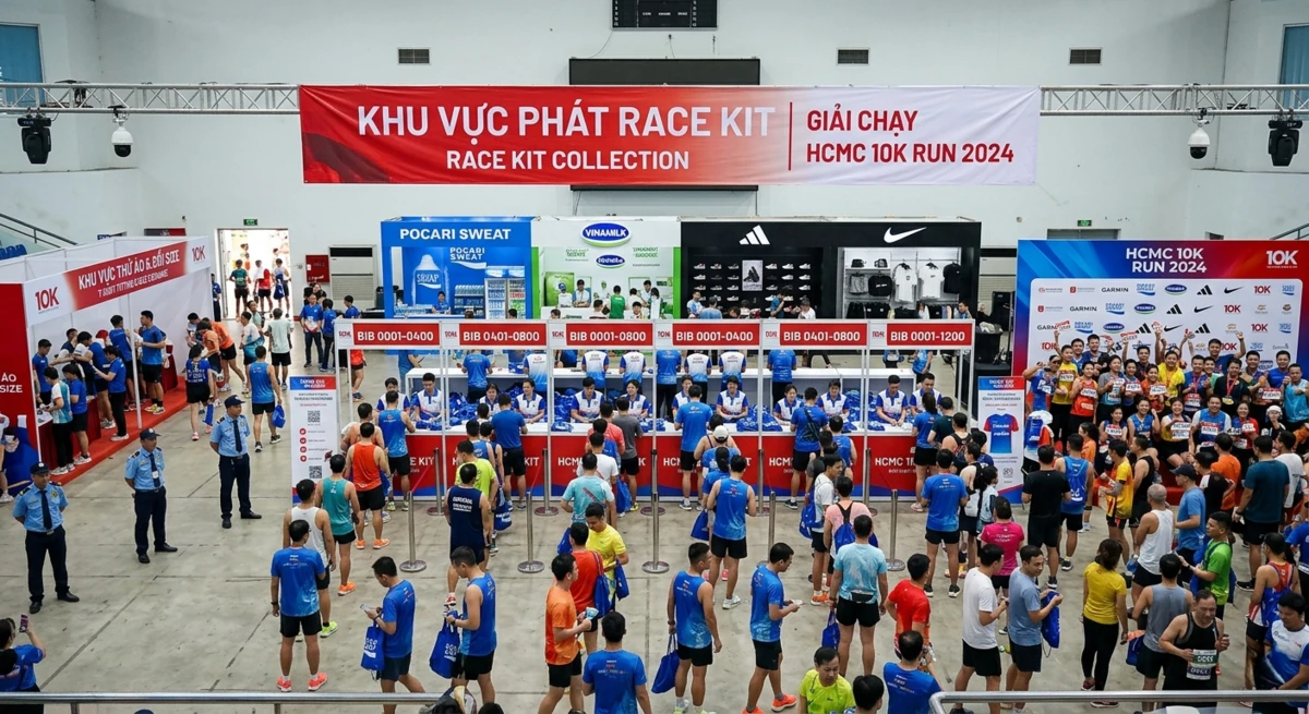 Toàn cảnh khu vực nhà thi đấu đông đúc người xếp hàng check in lấy túi race kit