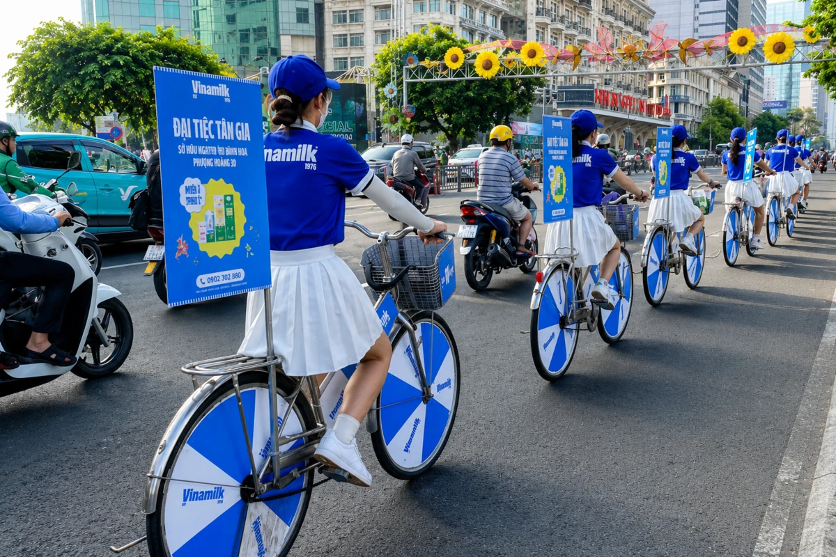 Đoàn roadshow xe đạp quảng bá chương trình đại tiệc tân gia của Vinamilk trên phố.