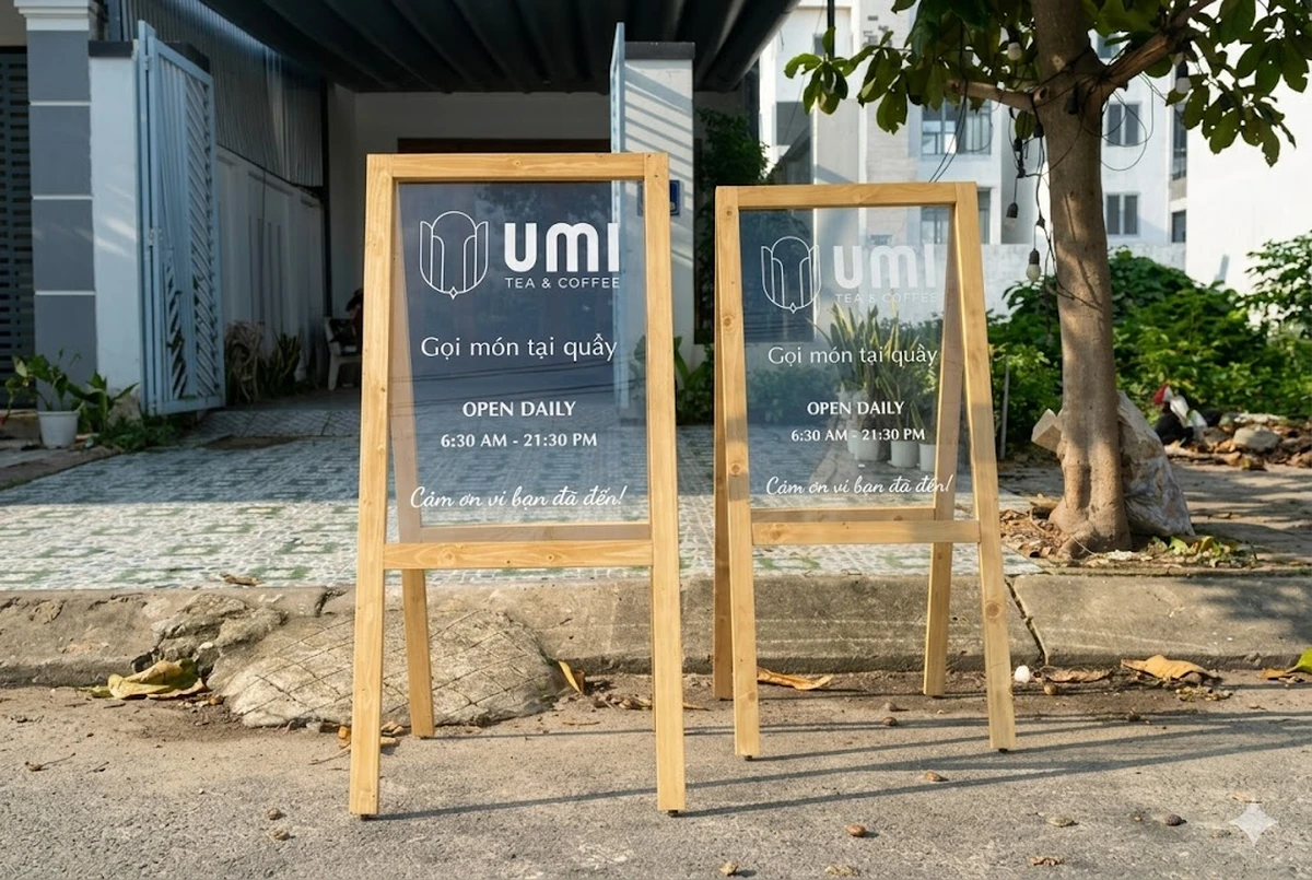 Standee chân gỗ chữ A đặt trước quán cà phê để giới thiệu menu và chương trình trong ngày