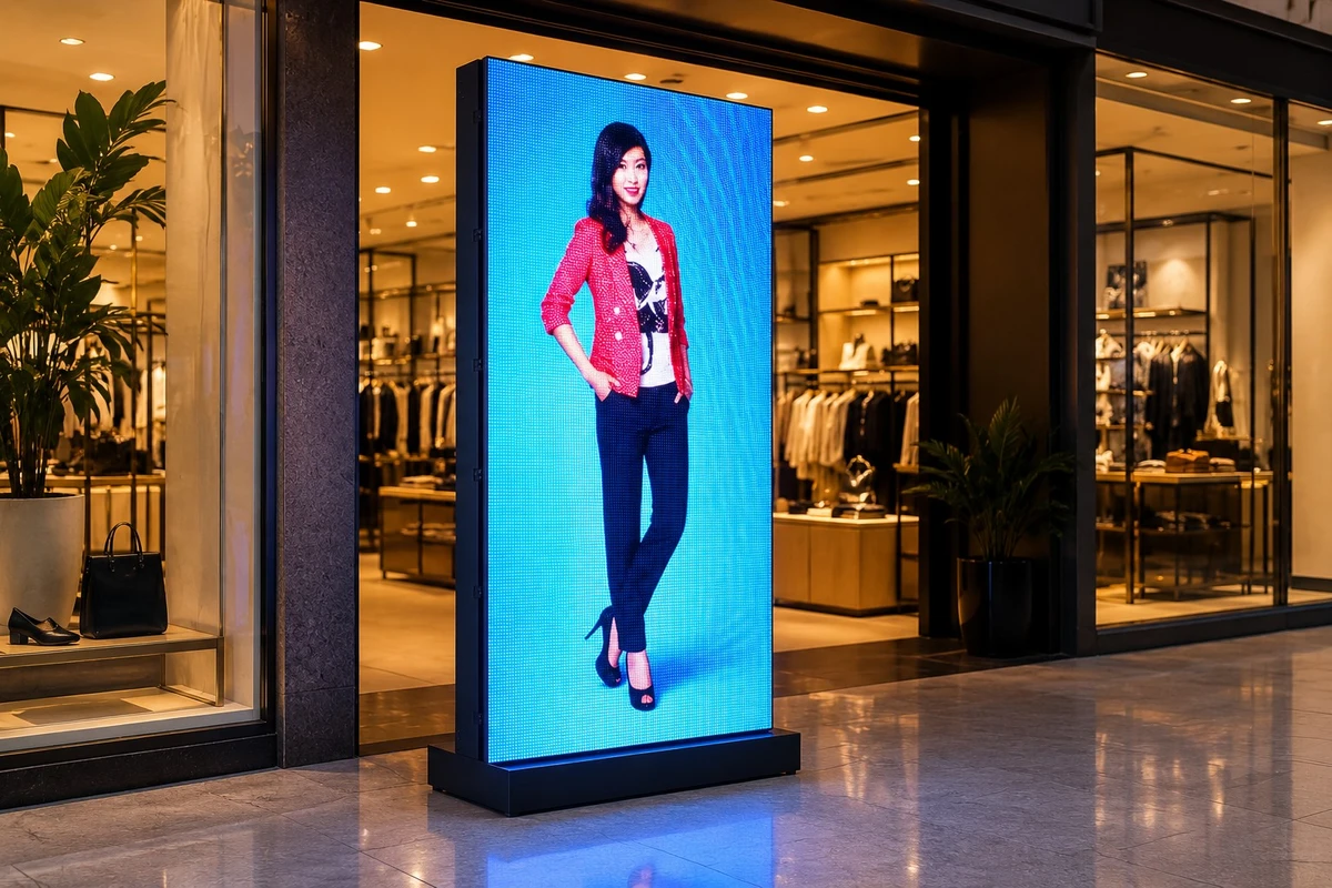 Standee điện tử matrix được đặt trước cửa hàng tại trung tâm thương mại