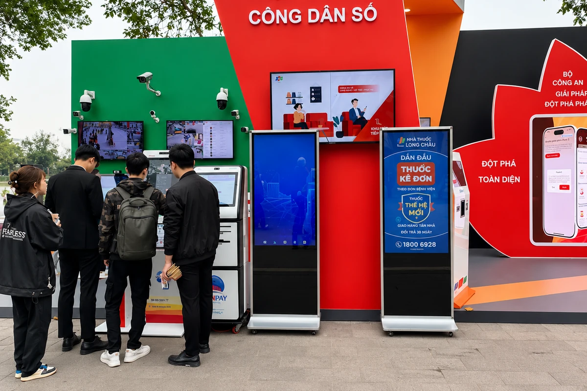 Standee điện tử được bố trí tại booth sự kiện ngoài trời nhằm hiển thị thông tin và thu hút khách tham quan