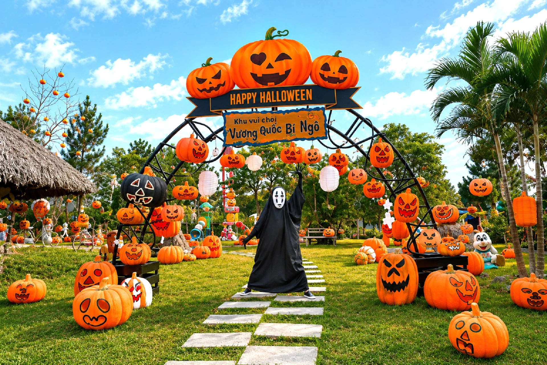 Tổ chức Halloween ngoài trời tại khu vực ngoại ô với cổng chào bí ngô và không gian trang trí theo chủ đề lễ hội trong tiệc nội bộ doanh nghiệp