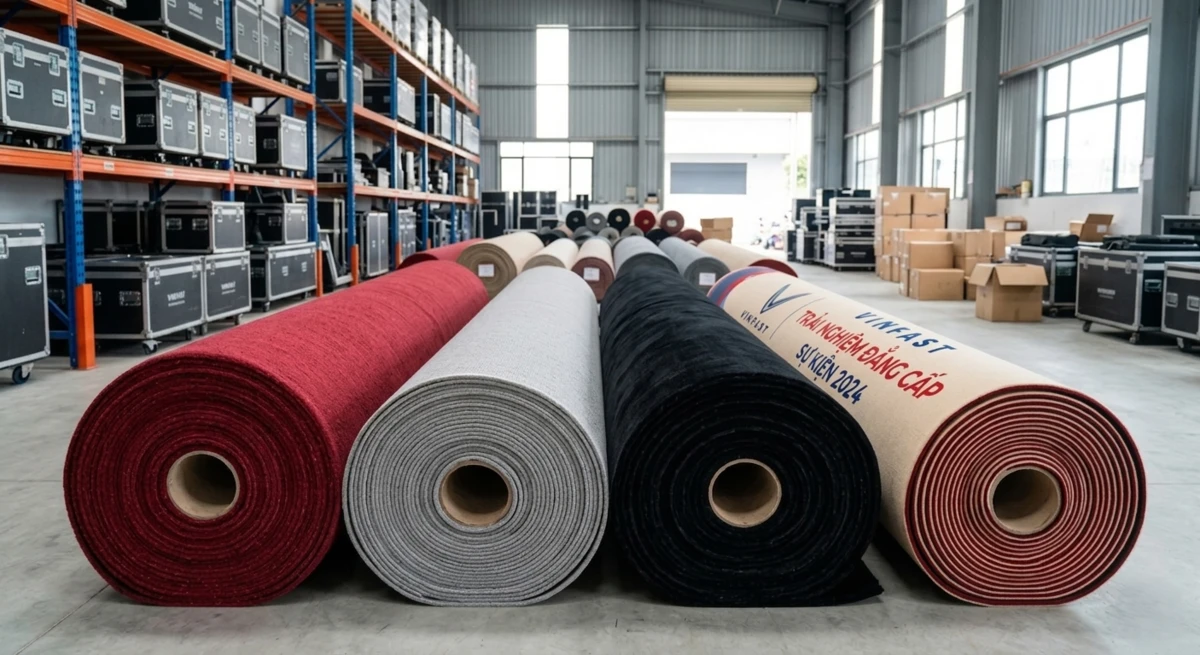 Các loại thảm sự kiện đa dạng màu sắc gồm thảm đỏ thảm xám thảm đen và thảm in logo cuộn lại