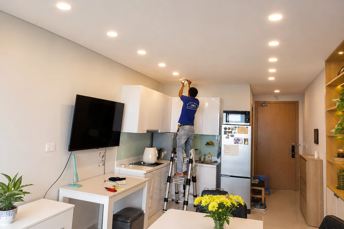 Nhân viên kỹ thuật đang thi công lắp đặt hệ thống đèn LED âm trần trong không gian nội thất hiện đại của căn hộ