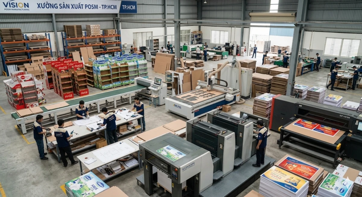 Toàn cảnh công nhân đang vận hành máy móc in ấn và gia công kệ posm tại xưởng