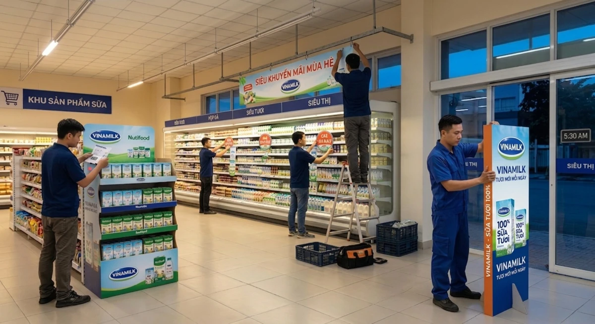Đội ngũ nhân viên đang tiến hành thi công posm trưng bày sản phẩm vinamilk trong siêu thị