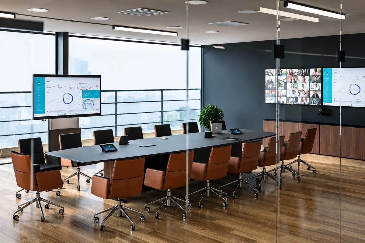 Toàn cảnh phòng họp doanh nghiệp hiện đại được setup hệ thống họp trực tuyến với bàn họp dài, màn hình hiển thị lớn, camera hội nghị
