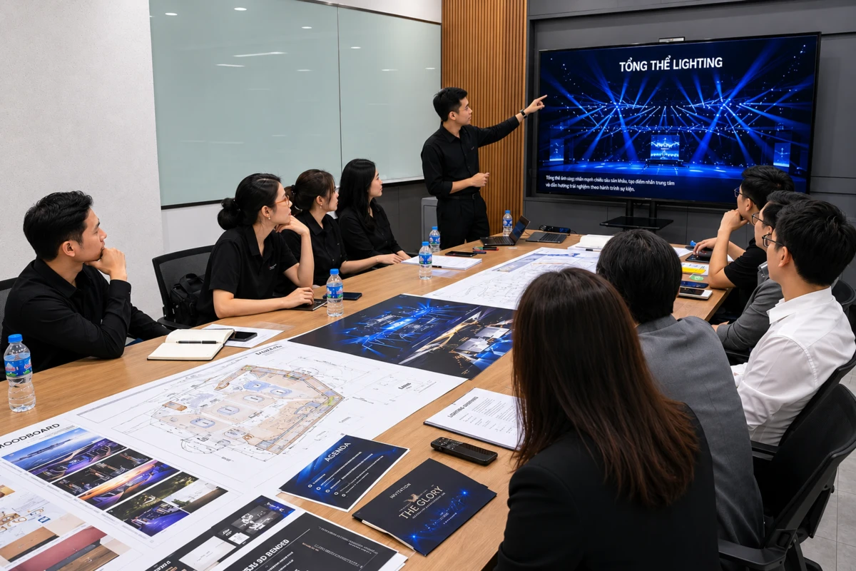 Buổi họp triển khai phương án thiết kế sự kiện chuyên nghiệp với các bản vẽ kỹ thuật trên bàn