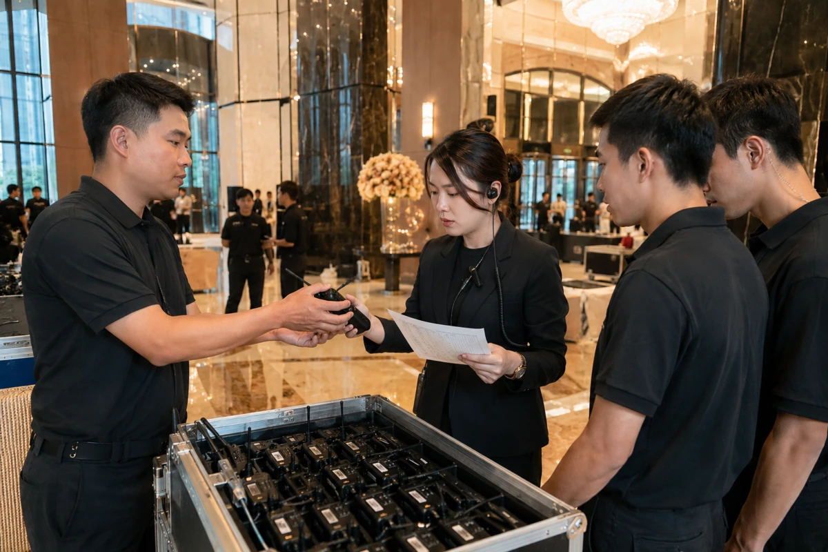 Bàn giao thiết bị bộ đàm liên lạc nội bộ cho nhân sự trước khi diễn ra sự kiện