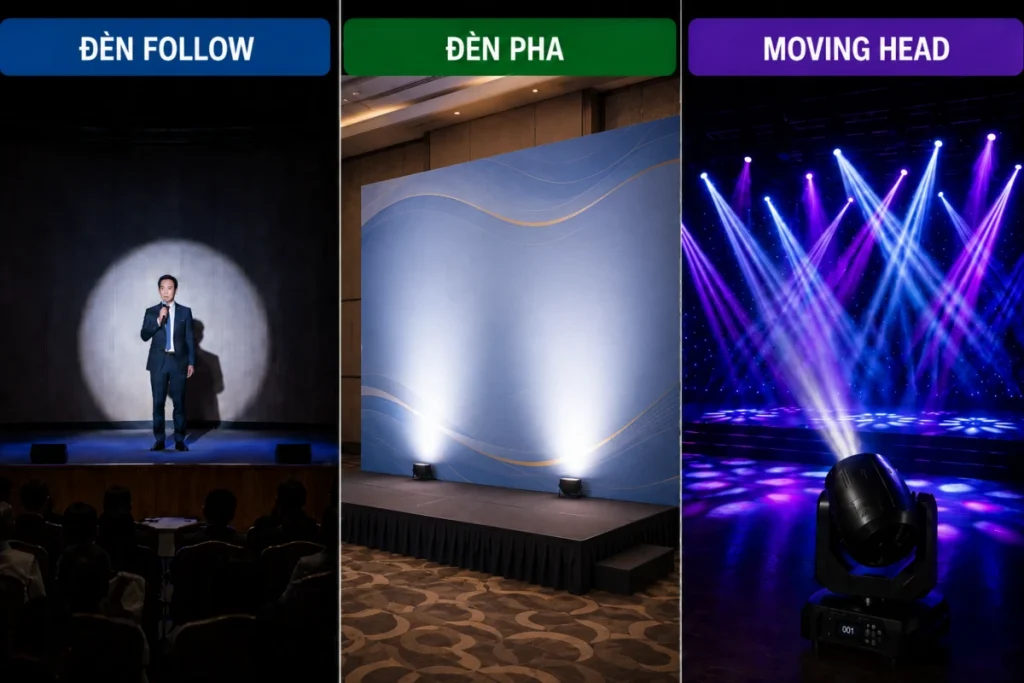 Phân biệt các loại đèn sân khấu phổ biến gồm đèn follow, đèn pha tạo nền và đèn moving head đa sắc.