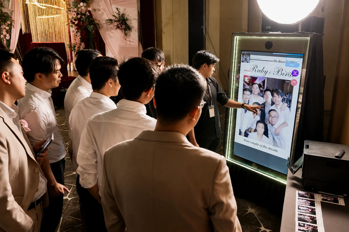 Khách tham dự sự kiện đang xem và chọn ảnh trên màn hình photo booth sau khi chụp, bên cạnh khu vực in ảnh lấy liền trong không gian tiệc sang trọng