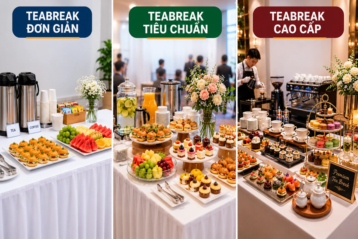 Menu thực đơn tiệc teabreak phân chia theo ba cấp độ từ đơn giản đến cao cấp cho sự kiện