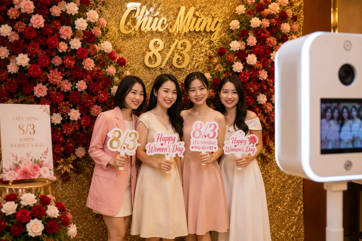 Khu vực photo booth chụp ảnh được decor hoa tươi cho sự kiện tổ chức 8/3 phái đẹp