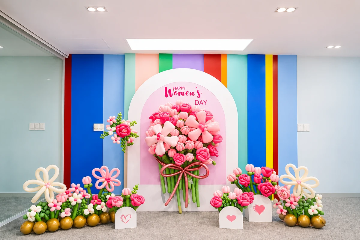 Trang trí bảng ngày 8/3 với backdrop nhiều màu sắc tươi sáng, nổi bật ở giữa là bó hoa bong bóng màu hồng được tạo hình nghệ thuật, mang không khí vui tươi và nữ tính cho văn phòng